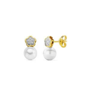 Pendientes Perla Flor Oro 18K