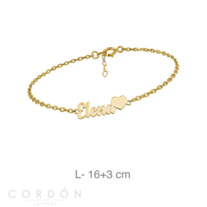 Pulsera Personalizada Nombre Corazón Plata Baño Oro