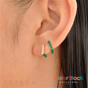 Pendientes Plata Dorado Rectángulo Esmalte Verde 