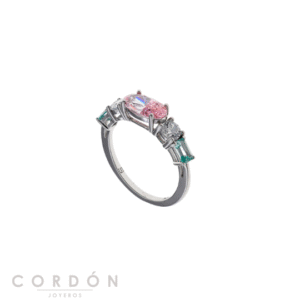 Anillo Salvatore Plata 136S0427 Balanced de plata rodiada con circonita rosa y baguettes verde aqua vista completa