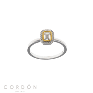 Anillo Salvatore Plata 136S0429 Astral de plata rodiada rectangular con circonitas blancas y línea dorada vista completa