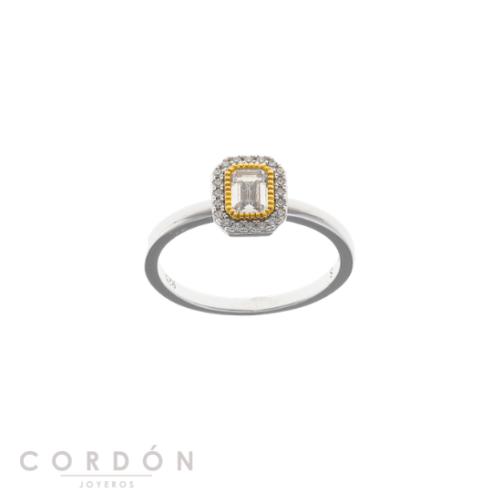 Anillo Salvatore Plata 136S0429 Astral de plata rodiada rectangular con circonitas blancas y línea dorada vista completa