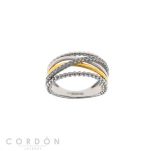 Anillo Salvatore Plata 268S0022 Astral de plata bicolor rodio y dorado con tres líneas y circonitas vista completa