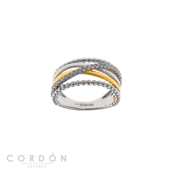 Anillo Salvatore Plata 268S0022 Astral de plata bicolor rodio y dorado con tres líneas y circonitas vista completa