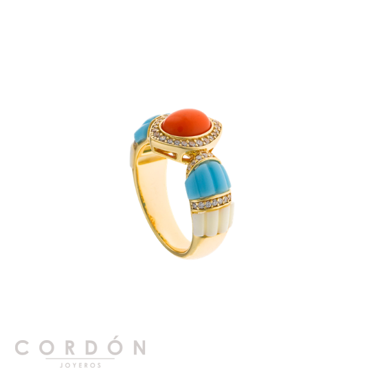 Detalle de la resina naranja central, la turquesa y las circonitas del anillo Salvatore Plata 277SM006