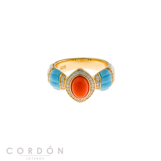 Anillo Salvatore Plata 277SM006 Petra maxi joya de latón dorado con resina naranja, turquesa y circonitas vista completa
