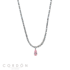 Collar Salvatore Plata 136C0414 Balanced de plata rodiada con pera de circonita rosa y baguettes verde aqua vista completa