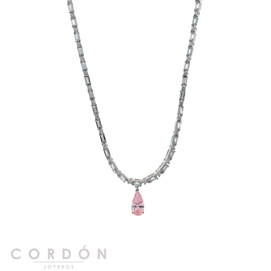 Collar Salvatore Plata 136C0414 Balanced de plata rodiada con pera de circonita rosa y baguettes verde aqua vista completa