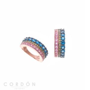 Sortija Plata Chapado Rosa Línea Circonitas Aqua Azul Salvatore 136S0280