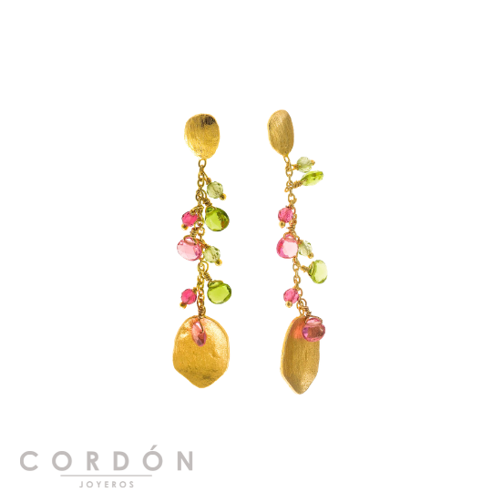 Pendientes Salvatore Plata 163AM004 Organic de latón dorado con peridotos verdes y turmalinas rosas vista completa