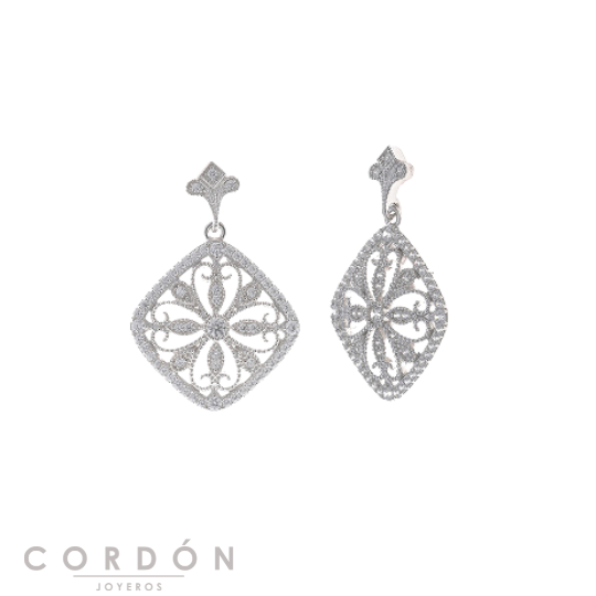 Pendientes Salvatore Plata 195A0191 Wedding de plata rodiada con rombo de filigrana y circonitas blancas vista completa