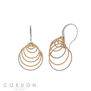 Pendientes Salvatore Plata 203A0390 Bamboo de plata chapada en oro y rodio con anillas diamantadas concéntricas vista completa