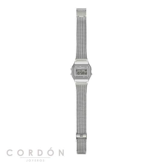 Reloj Casio Vintage A158 plateado con malla y estilo elegante unisex