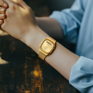 Reloj Casio Vintage AQ-240 dorado ana-digi puesto en la muñeca