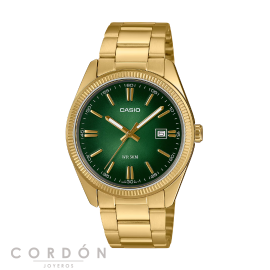 Reloj Casio MTP-1302PGC-3AVEF de hombre dorado con esfera verde vista completa